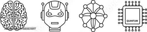 Future technology icons showcase AI brain robot neural network and quantum computer chip innovation