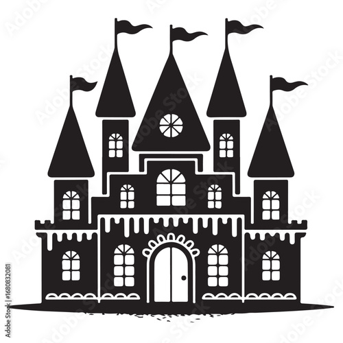 Fairy Tale Castle Silhouette Illustration – Black & White Fantasy Clipart with Flags and Towers