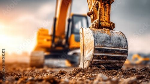 An excavator bucket in action, poised for construction, under a bright sky at a work site.