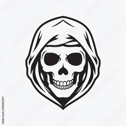 A creepy graphic of a skull in a hood.
