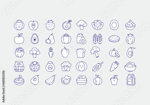  Stylized food illustrations in minimalist outline format, showcasing diverse ingredients from fruits to proteins