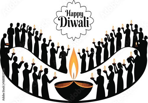 Large Group of Silhouetted People Holding Diyas Around a Central Flame for Diwali happy diwali celebration