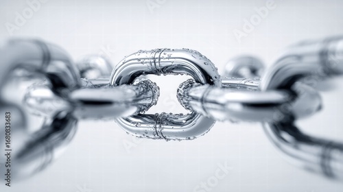 Close-up of a shiny metal chain with water droplets, representing strength and connection.
