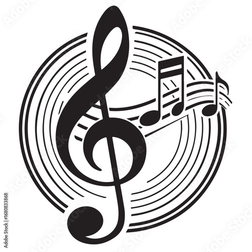 Treble Clef Music Symbol Illustration – Black & White Melody Design with Notes and Sound Waves