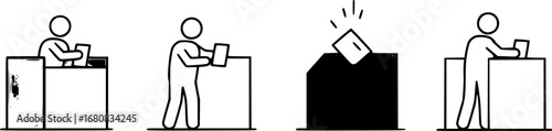 Voting process icon: four voters at individual booths with central ballot box. Vector icon design
