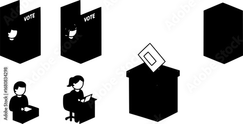 Voting process icon: four voters at individual booths with central ballot box. Vector icon design
