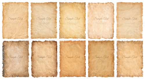 collection set old parchment paper sheet vintage aged or texture isolated on white background