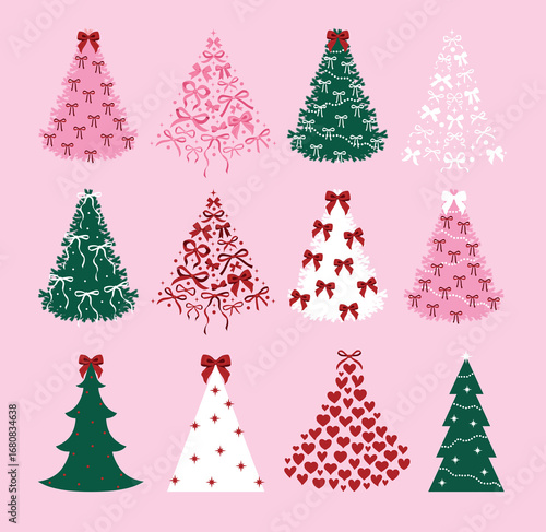 Christmas tree with color bows. New year decoration. Christmas decor. Bows set. Simple hand drawn ribbon bows. Bowknot for decoration, set of bowtie. Retro Christmas card . Wonderful winter time