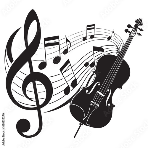 Musical Harmony Illustration – Black & White Cello and Treble Clef Clipart for Classical Art Themes