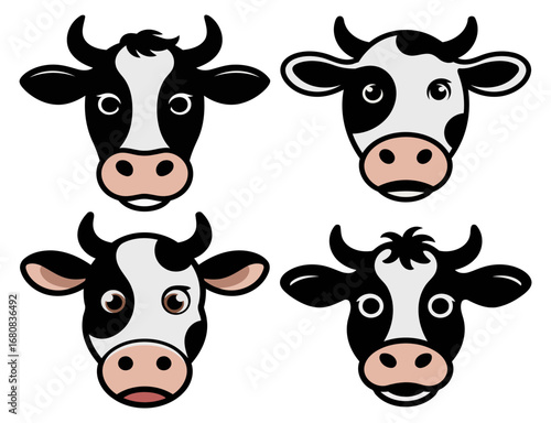 Set of four cartoon cows with unique facial expressions in a fun design