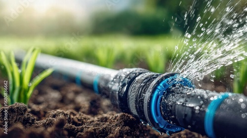 A leaking irrigation system sprays water, highlighting a garden problem needing repair.