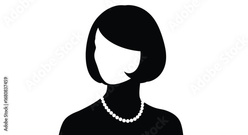 Vector illustration of silhouette of a woman with a bob hairstyle and pearl necklace