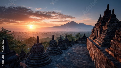 Majestic Sunrise at Borobudur Temple, Indonesia, Reflecting Ancient Spirituality