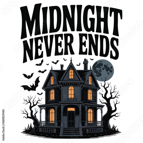Haunted House Halloween Poster – Gothic Midnight Scene with Bats, Moon & Spooky Trees