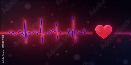 A medical heartbeat pulse graph forms a light cardiogram wave on a digital monitor
