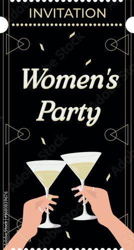 Elegant women’s party invitation card with champagne glasses, confetti and black gold design, ladies night celebration, girls night out cocktail event vector flyer template