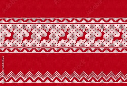 Christmas knitted pattern with deer. Knit sweater print. Xmas seamless background. Festive traditional ornament. Holiday winter texture. Wool scandinavian pullover. Vector illustration.
