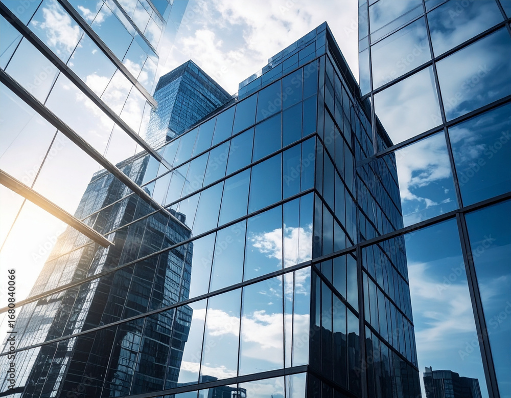 Obraz premium Modern glass skyscraper reflecting blue sky and clouds with sunlight