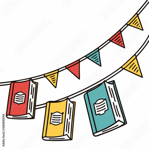 Colorful book garland with triangular flags on a white background books bunting