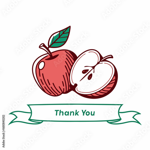 Hand drawn red apple cut in half with a leaf and a ribbon banner saying Thank You fruit food