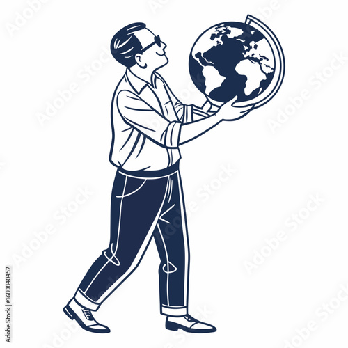 Man Holding a Globe on White Background earth world