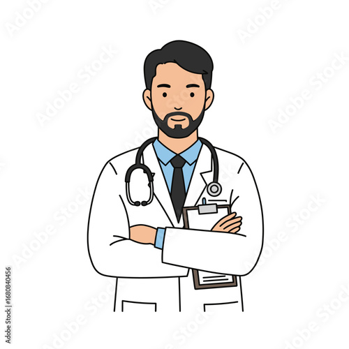Cartoon Doctor with Stethoscope and Clipboard Arms Crossed Wearing Lab Coat.
