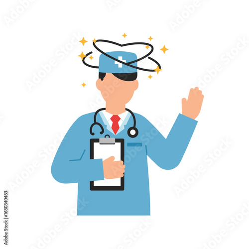 Cartoon Doctor with Dizziness Wearing Scrubs and Stethoscope Holding Clipboard.