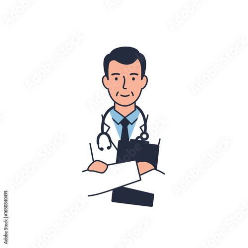 Cartoon Doctor with Stethoscope and Clipboard Wearing a White Coat and Tie 1.