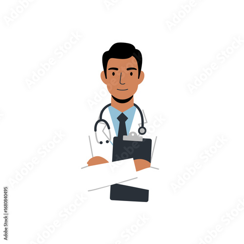 Cartoon Doctor with Stethoscope and Clipboard Wearing a White Coat and Tie.