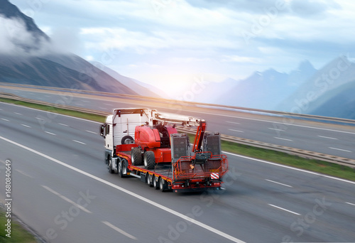 Heavy Machinery Equipment Transportation On Flatbed Trailer