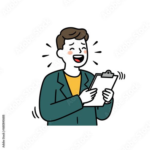Cartoon man laughing while holding a clipboard wearing a green jacket.