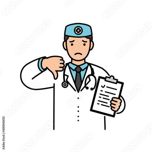 Cartoon Doctor with Thumbs Down Holding Clipboard Wearing Scrubs and Stethoscope.