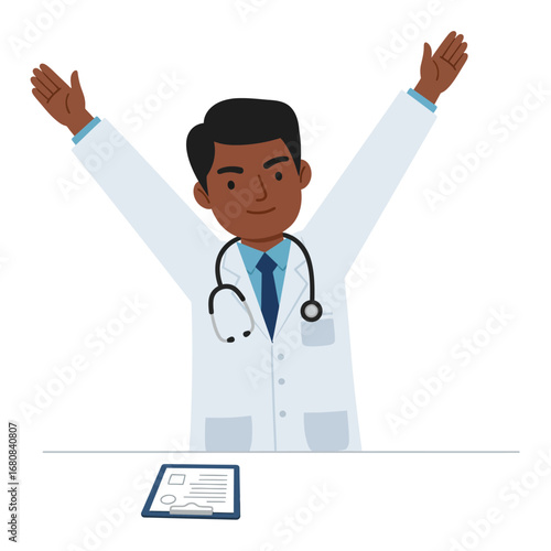 Cheerful Doctor with Arms Raised Wearing a White Coat and Stethoscope.