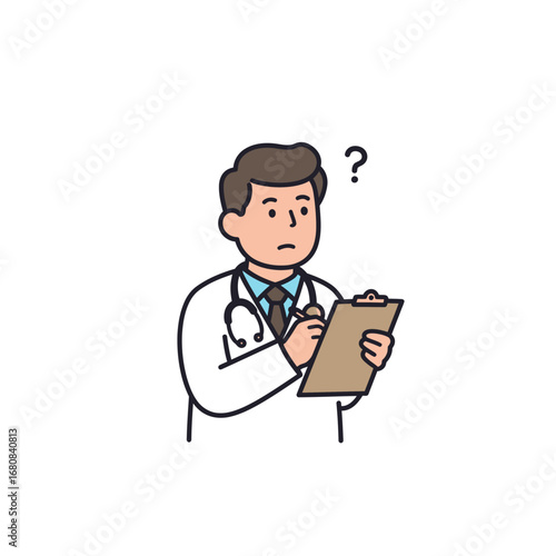 Confused Doctor with Clipboard and Question Mark Above Head.
