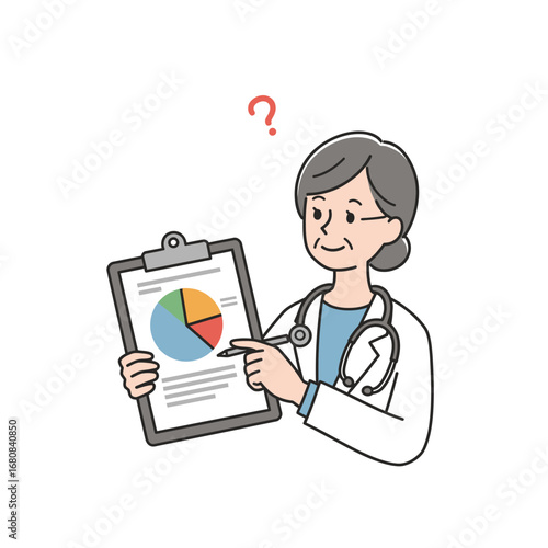 Confused Doctor with Pie Chart on Clipboard Illustration.