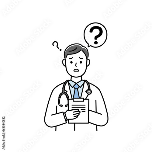 Confused Doctor with Stethoscope and Clipboard Question Marks Above Head.