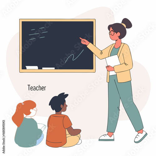 Teacher pointing at blackboard with two students sitting on floor classroom education