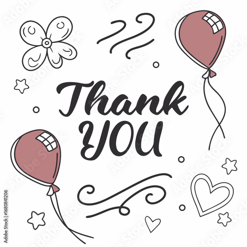 Thank You message with balloons, stars, hearts, and floral doodles gratitude appreciation