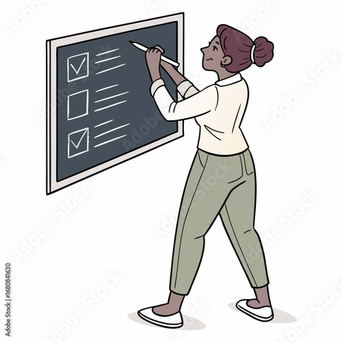 Woman writing on a blackboard with checkboxes and lines chalkboard teacher