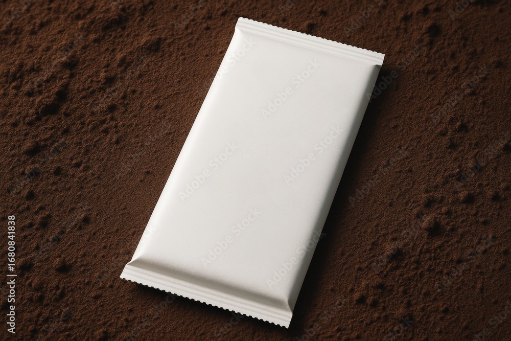 Fototapeta premium Blank white chocolate bar packaging mockup on textured cocoa powder background for branding and presentation design concepts. Ai generative