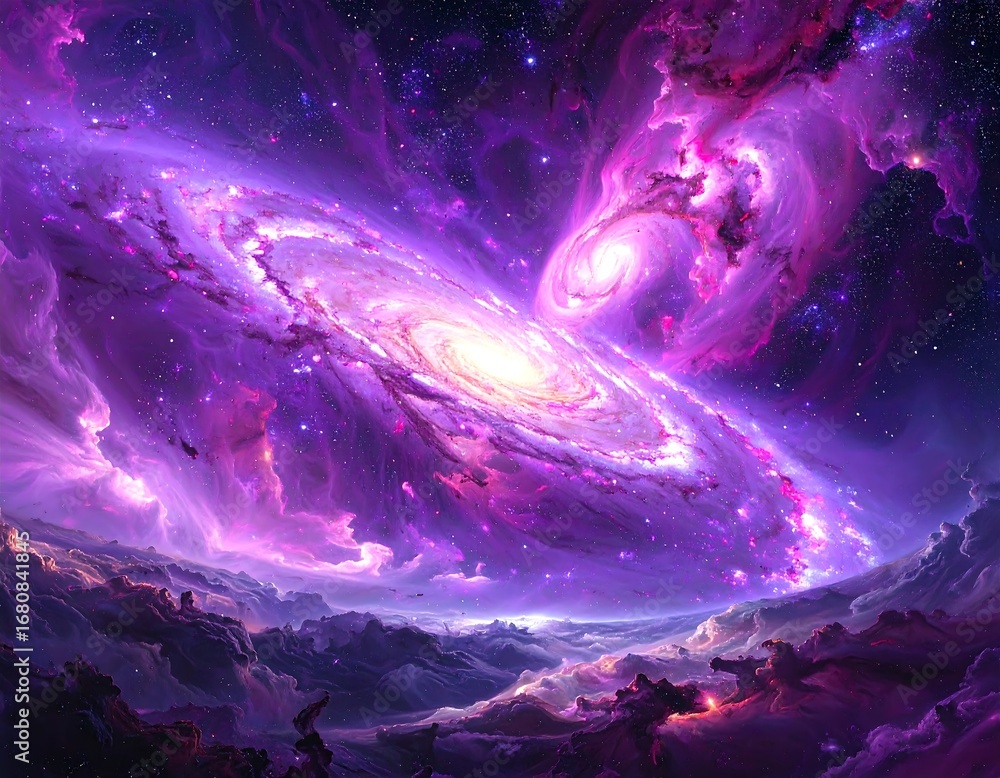 custom made wallpaper toronto digitalA vibrant cosmic landscape unfolds, featuring a swirling galaxy of deep purple and pink hues, amidst a dramatic backdrop of star-studded skies and otherworldly terrain.
