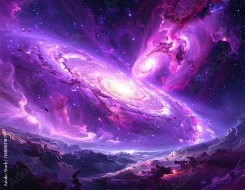Wallpaper Mural A vibrant cosmic landscape unfolds, featuring a swirling galaxy of deep purple and pink hues, amidst a dramatic backdrop of star-studded skies and otherworldly terrain. Torontodigital.ca