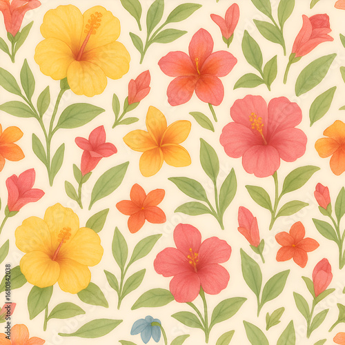 Wallpaper Mural Vibrant Tropical Hibiscus Flowers and Green Leaves Seamless Pattern. Torontodigital.ca