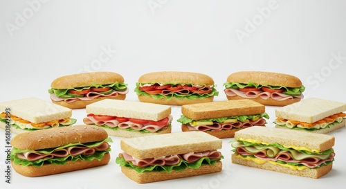 Variety of Delicious Sandwiches with Fresh Ingredients on a Light Background for Food Photography