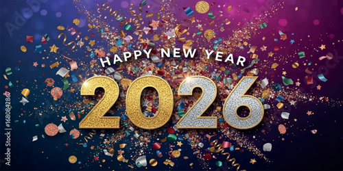 Happy new year 2026 celebration with colorful confetti, glitter, and fireworks, symbolizing a bright future and festive occasion