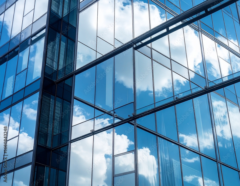 Obraz premium Modern glass building reflecting blue sky and clouds