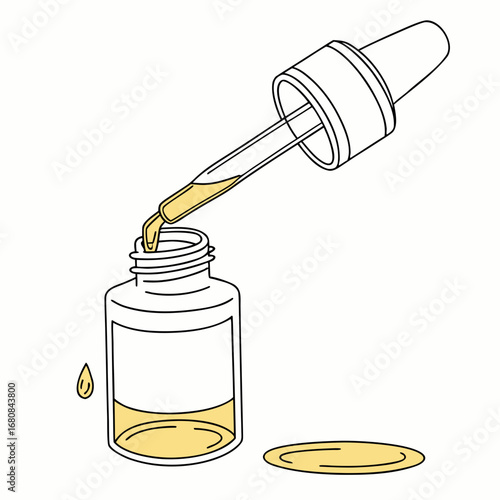 Illustration of a dropper dispensing liquid into a bottle, , ideal for showcasing essential oils, serums, or medicinal solutions in health and beauty contexts
