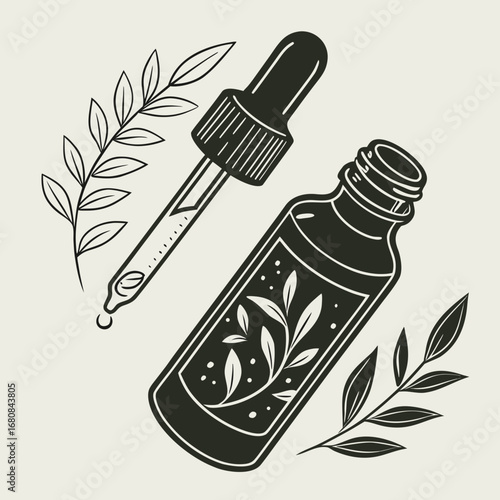 Illustration of a dropper bottle with essential oil and botanical elements, showcasing natural skincare and wellness products, perfect for cosmetic and aromatherapy themes