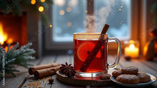 Steaming mulled wine with Christmas cookies creating a cozy mood on a wooden table against a fireplace background