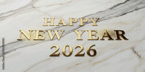 Golden letters spelling happy new year 2026 on a white marble background, elegant and festive celebration